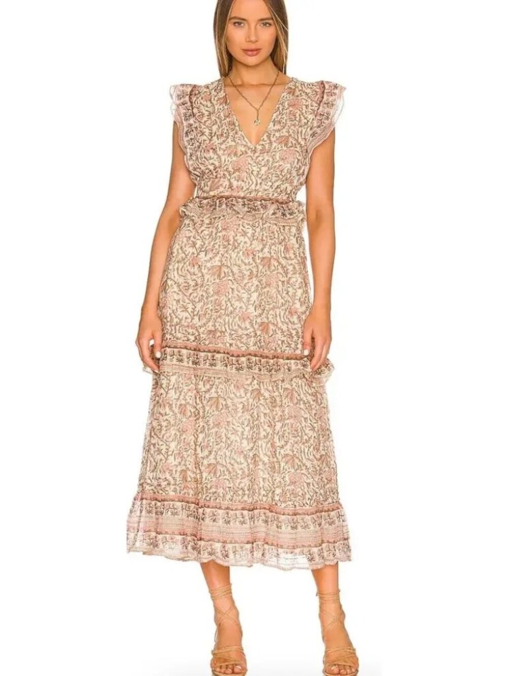Cleobella Ruffle Tiered Midi Dress - Pink & Tan Floral Print w/ Shimmer